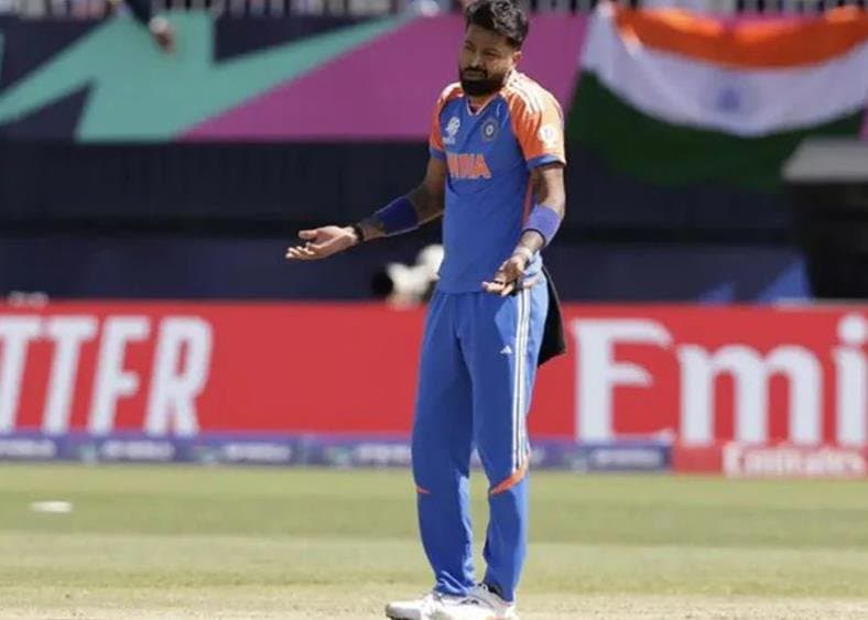 T20 World Cup 2024: Hardik Pandya reacts after dismissing Shadab Khan.